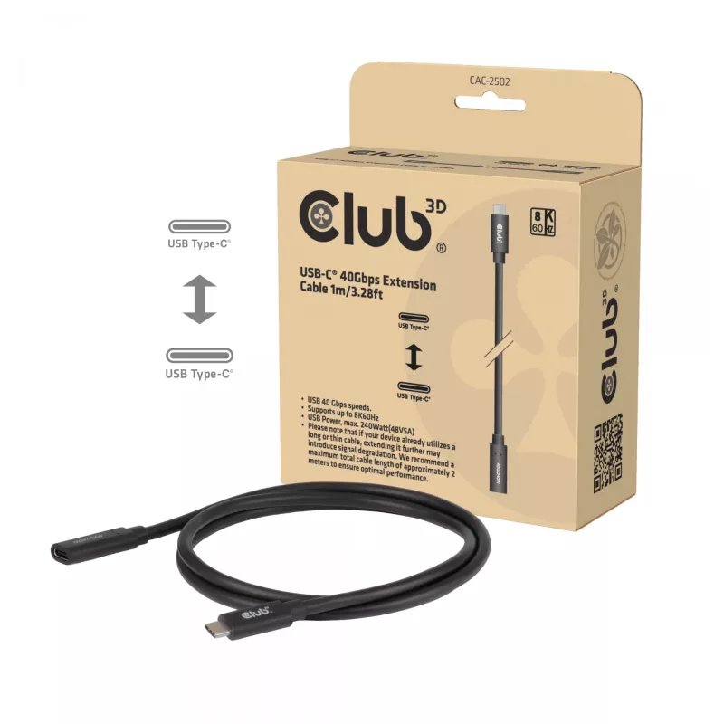 USB-C 40 Gbps ilginimo kabelis 1 m — club 3d, USB C į USB C, juodas
