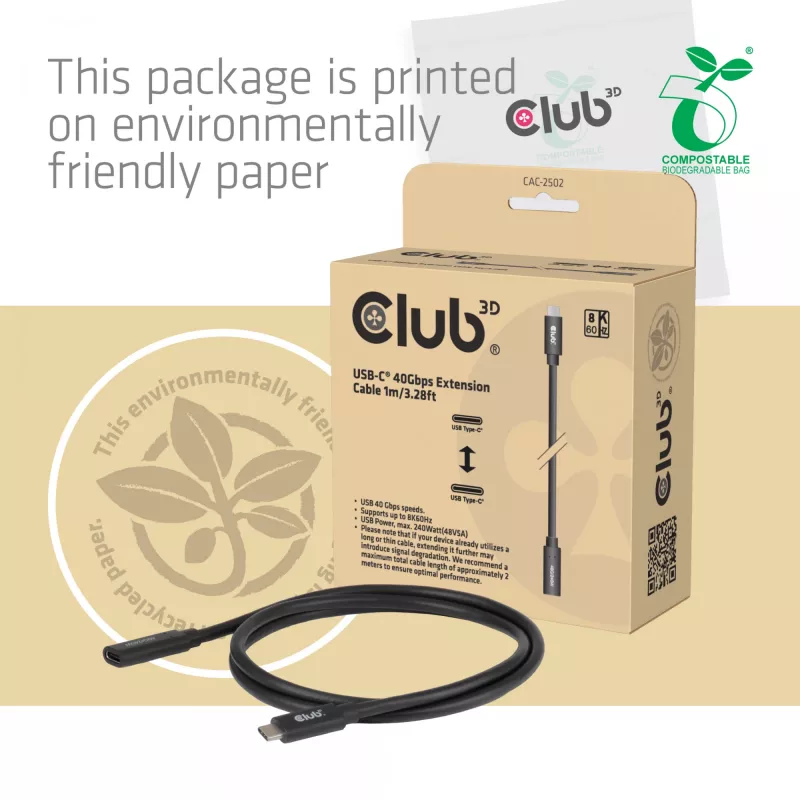 USB-C 40 Gbps ilginimo kabelis 1 m — club 3d, USB C į USB C, juodas