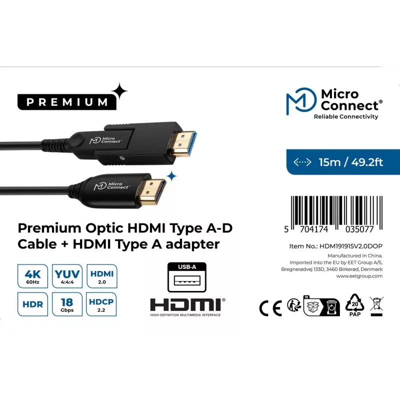 Microconnect Premium Optic HDMI A-D laidas, 15 m, HDMI A tipo (standartinis), HDMI A tipo (standartinis), 4096 x 2160 pikselių, 3D, juodas