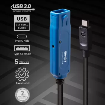 Lindy 5m USB 3.2 Gen 1 C/A Active Extension Pro, 5 m, USB C, USB A, USB 3.2 Gen 1 (3.1 Gen 1), Juoda