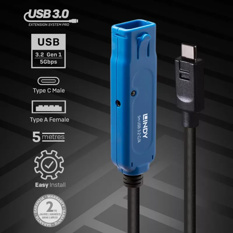 Lindy 5m USB 3.2 Gen 1 C/A Active Extension Pro, 5 m, USB C, USB A, USB 3.2 Gen 1 (3.1 Gen 1), Juoda
