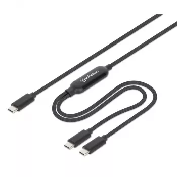 Manhattan Dual USB-C to USB-C įkrovimo kabelis, 100 W, 2 m, kištukas į du kištukus, išmanus galios skirstytuvas, įkrauna du įrenginius iš vieno USB-C PD prievado, tiekia iki 100 W pavieniam įkrovimui ir iki 70 W + 28 W dvigubam įkrovimui, pintas apvalkalas, aliuminio įvorė, juodas