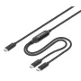 Manhattan Dual USB-C to USB-C įkrovimo kabelis, 100 W, 2 m, kištukas į du kištukus, išmanus galios skirstytuvas, įkrauna du įrenginius iš vieno USB-C PD prievado, tiekia iki 100 W pavieniam įkrovimui ir iki 70 W + 28 W dvigubam įkrovimui, pintas apvalkalas, aliuminio įvorė, juodas