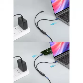Manhattan Dual USB-C to USB-C įkrovimo kabelis, 100 W, 2 m, kištukas į du kištukus, išmanus galios skirstytuvas, įkrauna du įrenginius iš vieno USB-C PD prievado, tiekia iki 100 W pavieniam įkrovimui ir iki 70 W + 28 W dvigubam įkrovimui, pintas apvalkalas, aliuminio įvorė, juodas