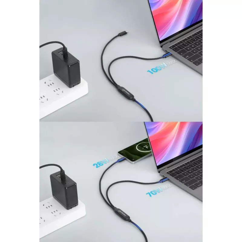 Manhattan Dual USB-C to USB-C įkrovimo kabelis, 100 W, 2 m, kištukas į du kištukus, išmanus galios skirstytuvas, įkrauna du įrenginius iš vieno USB-C PD prievado, tiekia iki 100 W pavieniam įkrovimui ir iki 70 W + 28 W dvigubam įkrovimui, pintas apvalkalas, aliuminio įvorė, juodas