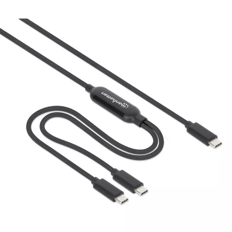 Manhattan Dual USB-C to USB-C įkrovimo kabelis, 100 W, 2 m, kištukas į du kištukus, išmanus galios skirstytuvas, įkrauna du įrenginius iš vieno USB-C PD prievado, tiekia iki 100 W pavieniam įkrovimui ir iki 70 W + 28 W dvigubam įkrovimui, pintas apvalkalas, aliuminio įvorė, juodas