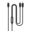 Manhattan Dual USB-C to USB-C įkrovimo kabelis, 100 W, 2 m, kištukas į du kištukus, išmanus galios skirstytuvas, įkrauna du įrenginius iš vieno USB-C PD prievado, tiekia iki 100 W pavieniam įkrovimui ir iki 70 W + 28 W dvigubam įkrovimui, pintas apvalkalas, aliuminio įvorė, juodas