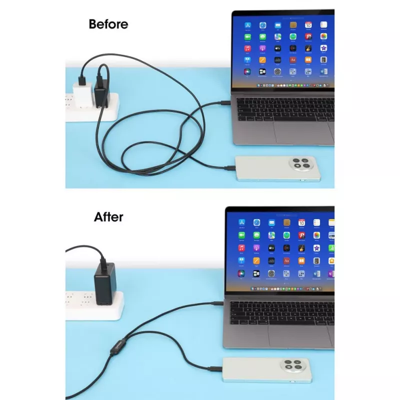 Manhattan Dual USB-C to USB-C įkrovimo kabelis, 100 W, 2 m, kištukas į du kištukus, išmanus galios skirstytuvas, įkrauna du įrenginius iš vieno USB-C PD prievado, tiekia iki 100 W pavieniam įkrovimui ir iki 70 W + 28 W dvigubam įkrovimui, pintas apvalkalas, aliuminio įvorė, juodas
