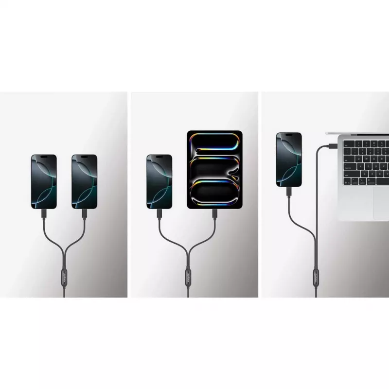 Manhattan Dual USB-C to USB-C įkrovimo kabelis, 100 W, 2 m, kištukas į du kištukus, išmanus galios skirstytuvas, įkrauna du įrenginius iš vieno USB-C PD prievado, tiekia iki 100 W pavieniam įkrovimui ir iki 70 W + 28 W dvigubam įkrovimui, pintas apvalkalas, aliuminio įvorė, juodas