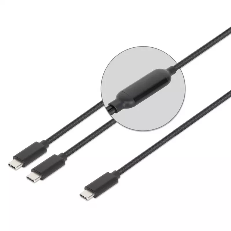 Manhattan Dual USB-C to USB-C įkrovimo kabelis, 100 W, 2 m, kištukas į du kištukus, išmanus galios skirstytuvas, įkrauna du įrenginius iš vieno USB-C PD prievado, tiekia iki 100 W pavieniam įkrovimui ir iki 70 W + 28 W dvigubam įkrovimui, pintas apvalkalas, aliuminio įvorė, juodas