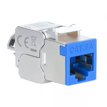 “Intellinet” Cat6a 10G ekranuotas berankis plonas „Keystone“ lizdas, plokščias, mėlynas, RJ-45, IDC, kištukinis, auksinis