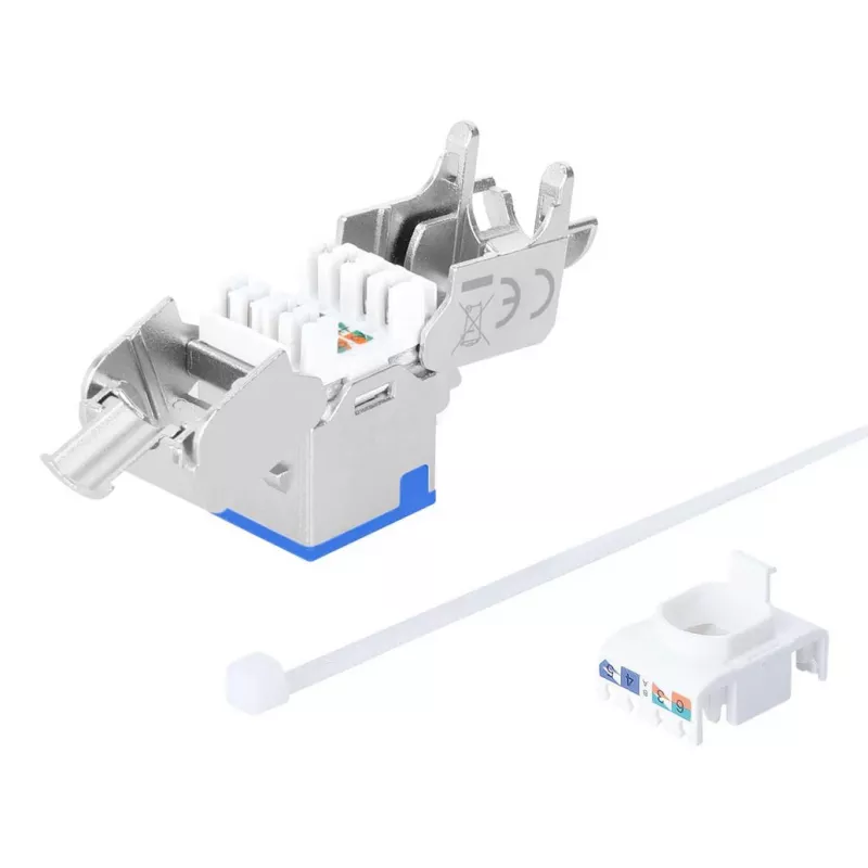 “Intellinet” Cat6a 10G ekranuotas berankis plonas „Keystone“ lizdas, plokščias, mėlynas, RJ-45, IDC, kištukinis, auksinis