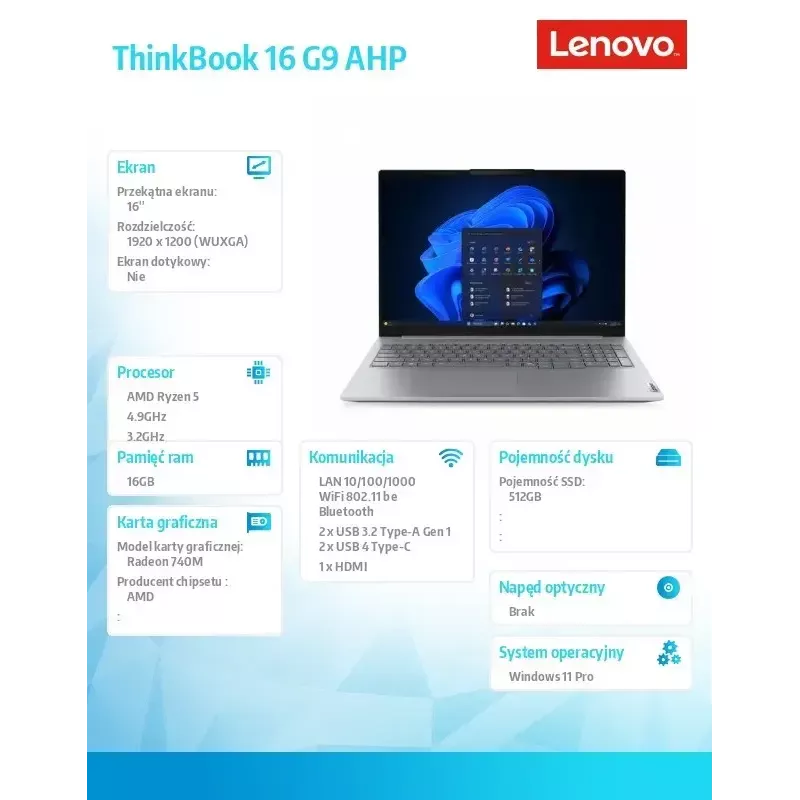Nešiojamasis kompiuteris Lenovo ThinkBook 16 G9 21UT0077PB Windows 11 Pro, Intel (nenurodyta), 16,0 col. WQXGA, 16 GB RAM, 512 GB SSD, Arctic Pilka