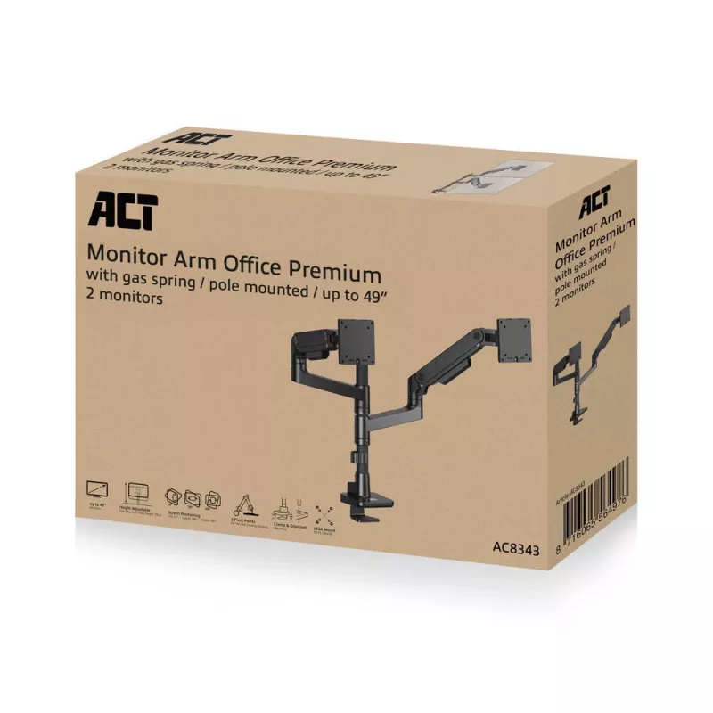 ACT Monitorio laikiklis 49 col. biuro premium, dujinė spyruoklė, montuojamas ant stiebo, 2 monitoriai