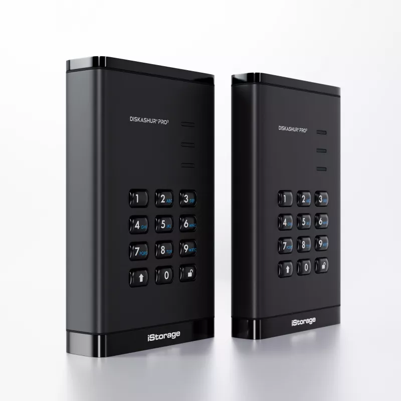iStorage diskAshur PRO³ HDD 2TB | Saugus nešiojamasis standusis diskas | Atitinka FIPS 140-3 3 lygį | AES-XTS 256 bitų aparatinė įranga | Apsaugotas PIN kodu | Nepriklausomas nuo OS ir platformos | Atitinka GDPR, TAA | Apsauga nuo brutalios jėgos atakų | Atsparus dulkėms/vandeniui