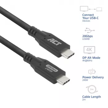 ACT USB4 20Gbps 240W USB Type-C kabelis, 2 metrai, 2 m, USB C, USB C, USB4 Gen 2x2, 20 Gbit/s, juoda