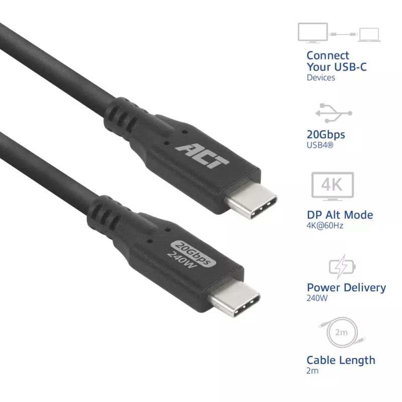 ACT USB4 20Gbps 240W USB Type-C kabelis, 2 metrai, 2 m, USB C, USB C, USB4 Gen 2x2, 20 Gbit/s, juoda