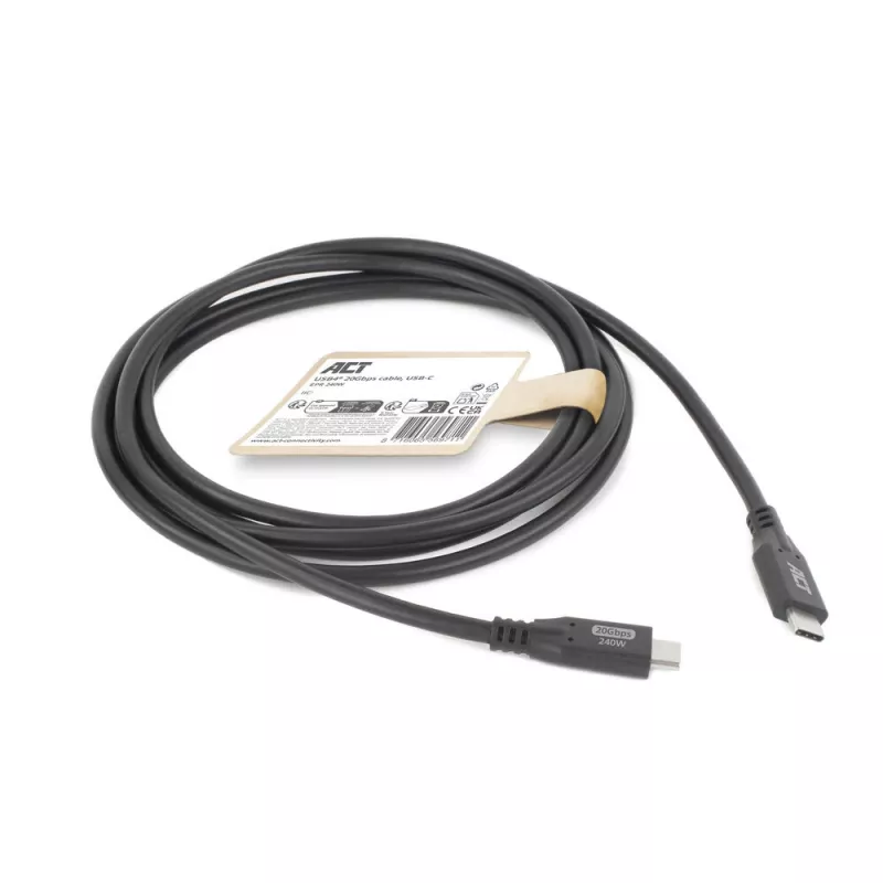 ACT USB4 20Gbps 240W USB Type-C kabelis, 2 metrai, 2 m, USB C, USB C, USB4 Gen 2x2, 20 Gbit/s, juoda