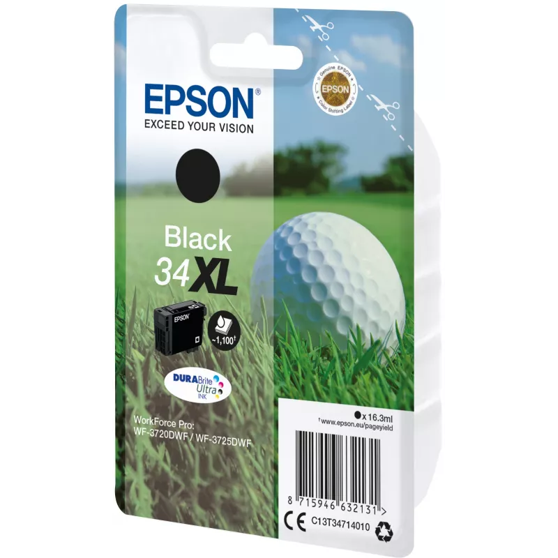 Epson Golf ball Singlepack Juoda 34XL DURABrite Ultra Ink, High (XL) Yield, Juoda, pigmentinis rašalas, 16.3 ml, 1 vnt., 1100 puslapių