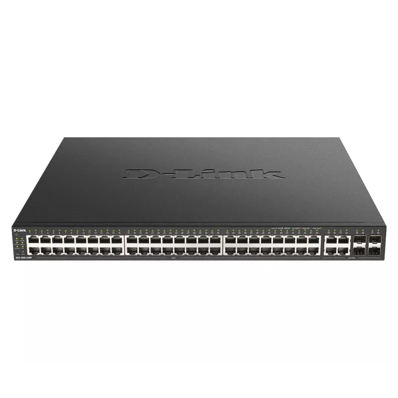 “D-Link” 48 prievadų 10/100/1000BASE-T PoE + 4 prievadų 100/1000 Mbps GbE/SFP kombinuotas valdomas prieigos komutatorius