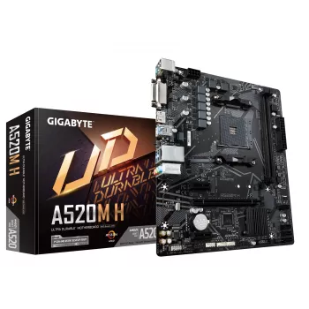 GIGABYTE A520M H pagrindinė plokštė – palaiko AMD Ryzen 5000 serijos AM4 procesorius, 4+3 fazių gryną skaitmeninį VRM, iki 5100 MHz DDR4 (OC), PCIe 3.0 x4 M.2, GbE LAN, USB 3.2 Gen 1