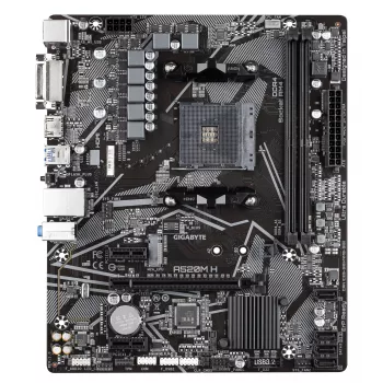 GIGABYTE A520M H pagrindinė plokštė – palaiko AMD Ryzen 5000 serijos AM4 procesorius, 4+3 fazių gryną skaitmeninį VRM, iki 5100 MHz DDR4 (OC), PCIe 3.0 x4 M.2, GbE LAN, USB 3.2 Gen 1