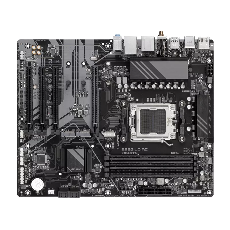 GIGABYTE B650 UD AC pagrindinė plokštė - AMD Ryzen 9000 serijos procesoriai, 6+2+2 fazių VRM, iki 8000MHz DDR5 (OC), 1xPCIe 5.0 + 2xPCIe 4.0 M.2, GbE LAN, WIFI 5, USB 3.2 Gen 2