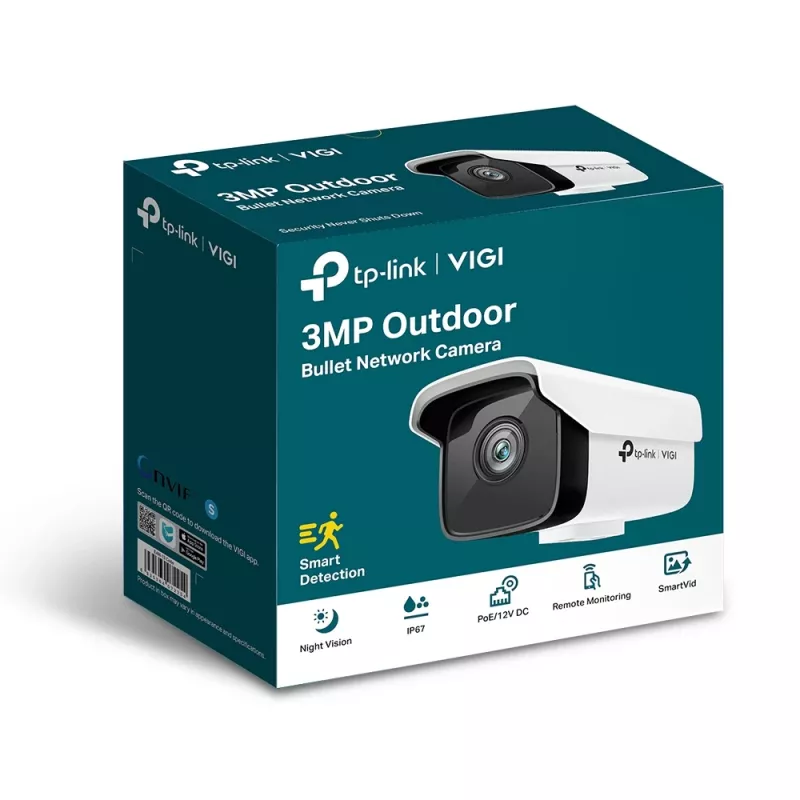 IP apsaugos kamera TP-Link VIGI 3MP lauko kulkos formos tinklo kamera, 3 MP, 30 fps, 30 m naktinio matymo, laidinė, balta