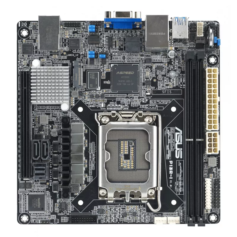 Pagrindinė plokštė ASUS P13R-I Mini ITX, Intel C262 mikroschemų rinkinys, LGA 1700, DDR5, 2x DIMM, 64 GB, 6x SATA III, 3x RJ-45