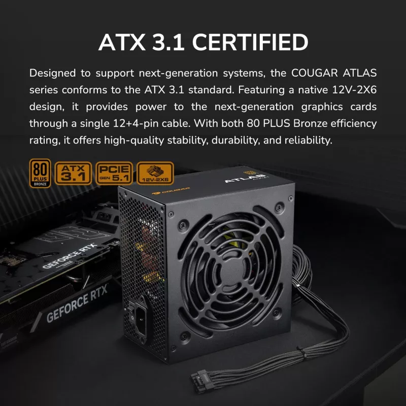 Maitinimo blokas Cougar ATLAS 650W ATX3.1 80 PLUS Bronze, 24-pin ATX, 120 mm ventiliatorius, juodas