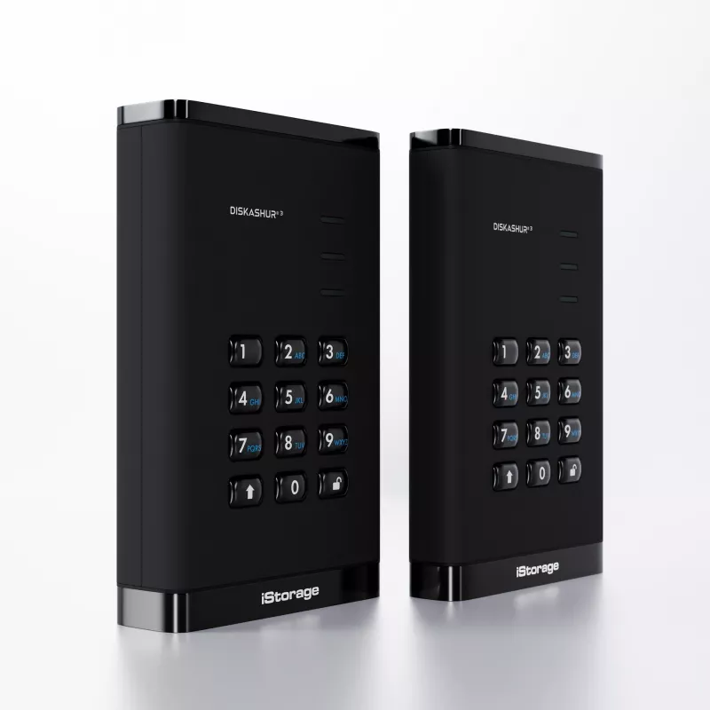 iStorage diskAshur³ 5 TB juodas | Saugus nešiojamasis standusis diskas | FIPS 140-3 3 lygio reikalavimus atitinkantis | Common Criteria EAL 5+ | Apsaugotas PIN kodu | AES-XTS 256 bitų aparatinė šifravimo sistema | GDPR, TAA atitinkantis | Atsparus dulkėms/vandeniui |