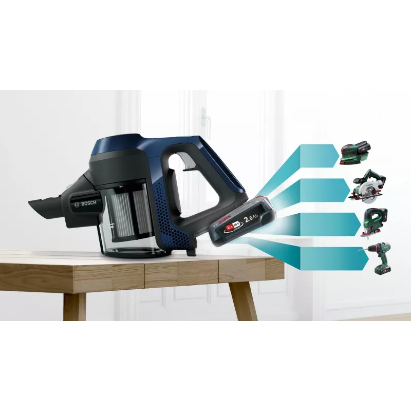 Bosch Serie 6 BBS611PCK belaidis dulkių siurblys/elektrinė šluota 2-in-1 Baterija Sausas Higieninis filtras Be maišelio Mėlynas 2,5 Ah