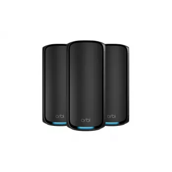 NETGEAR Orbi 970 serijos keturių dažnių juostų „WiFi 7“, 3 vnt. rinkinys, keturių dažnių juostų (2,4 GHz / 5 GHz-1 / 5 GHz-2 / 6 GHz) „Wi-Fi 6“ (802.11ax), juoda, vidinė