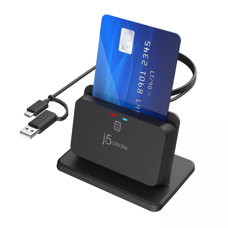 j5create JUR261 USB™ išmaniųjų kortelių / CAC skaitytuvo stovas, USB Type-A/USB Type-C, juodas, 95 g