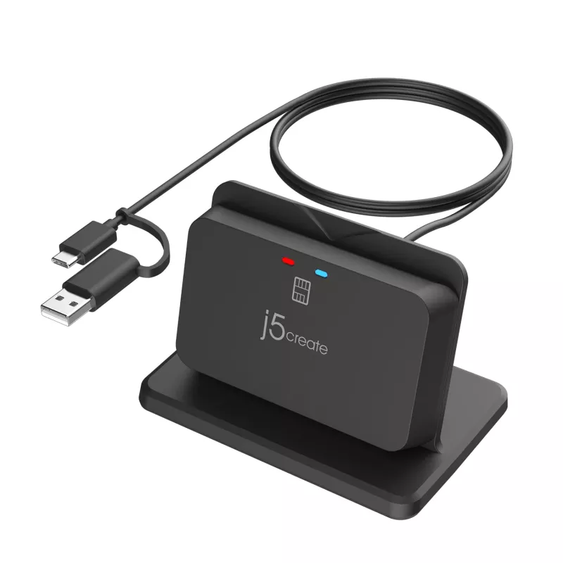 j5create JUR261 USB™ išmaniųjų kortelių / CAC skaitytuvo stovas, USB Type-A/USB Type-C, juodas, 95 g