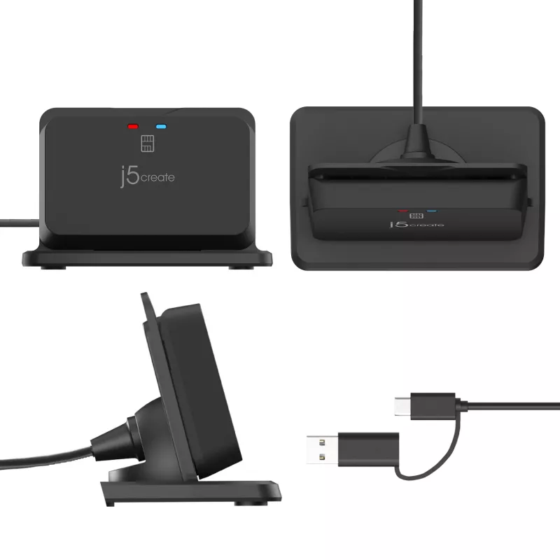 j5create JUR261 USB™ išmaniųjų kortelių / CAC skaitytuvo stovas, USB Type-A/USB Type-C, juodas, 95 g