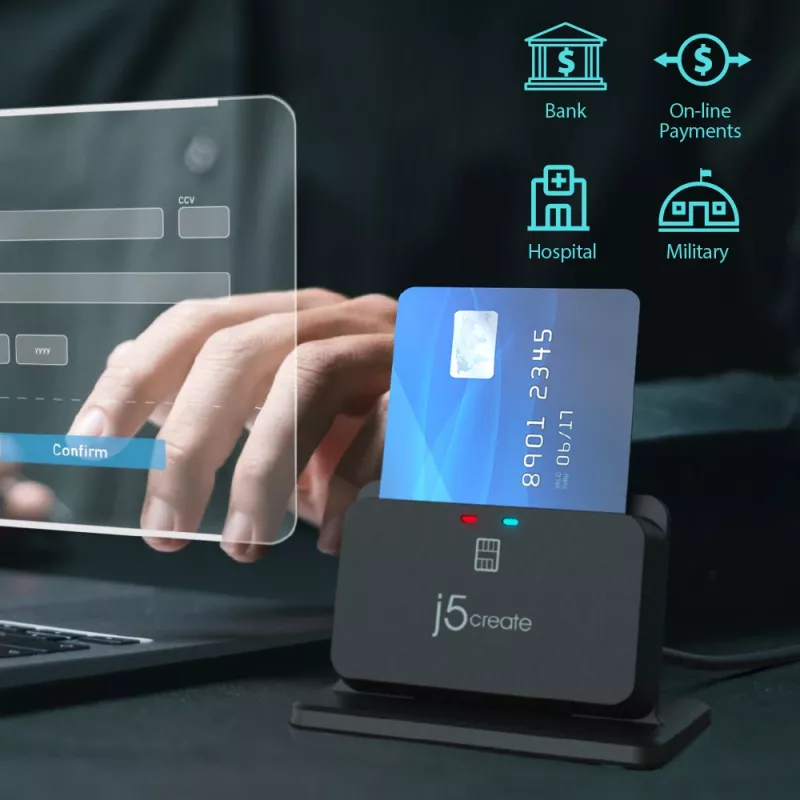 j5create JUR261 USB™ išmaniųjų kortelių / CAC skaitytuvo stovas, USB Type-A/USB Type-C, juodas, 95 g