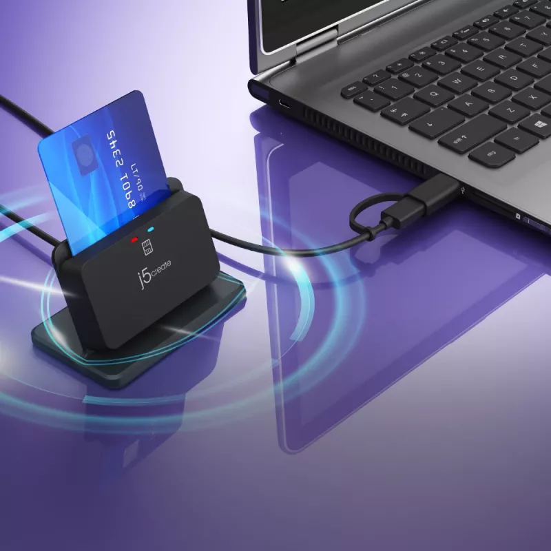j5create JUR261 USB™ išmaniųjų kortelių / CAC skaitytuvo stovas, USB Type-A/USB Type-C, juodas, 95 g