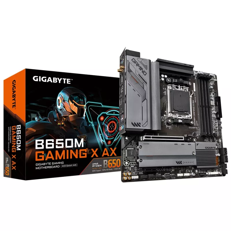 Pagrindinė plokštė GIGABYTE B650M GAMING X AX — AMD B650, Socket AM5, Micro ATX, DDR5, 4 DIMM, 2x M.2, Wi‑Fi 6E, 2.5GbE