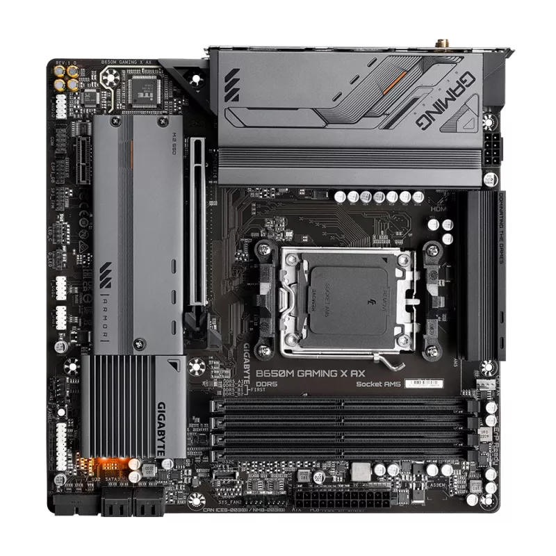 Pagrindinė plokštė GIGABYTE B650M GAMING X AX — AMD B650, Socket AM5, Micro ATX, DDR5, 4 DIMM, 2x M.2, Wi‑Fi 6E, 2.5GbE