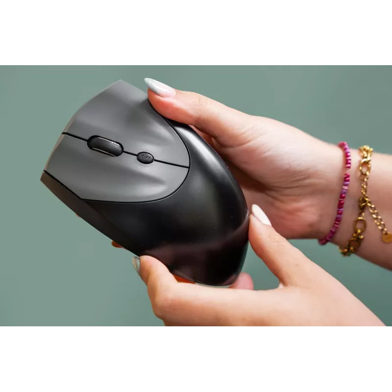 „BakkerElkhuizen Handshake pelė“ kairiarankiams, kairiarankė, vertikalus dizainas, optinė, RF belaidė + Bluetooth + USB Type-C, 6400 DPI, juoda, pilka