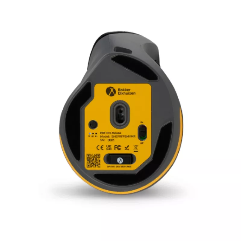BakkerElkhuizen PRF Pro pelė dešiniarankiams, Dešiniarankė, Vertikalus dizainas, Optinė, RF belaidė + Bluetooth + USB Type-C, 2400 DPI, Juoda, Pilka