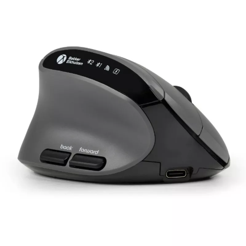 BakkerElkhuizen MidWay pelė Kairė, Kairiarankiams, Vertikalus dizainas, Optinė, RF belaidė + Bluetooth + USB Type-C, 2400 DPI, Pilka, Juoda