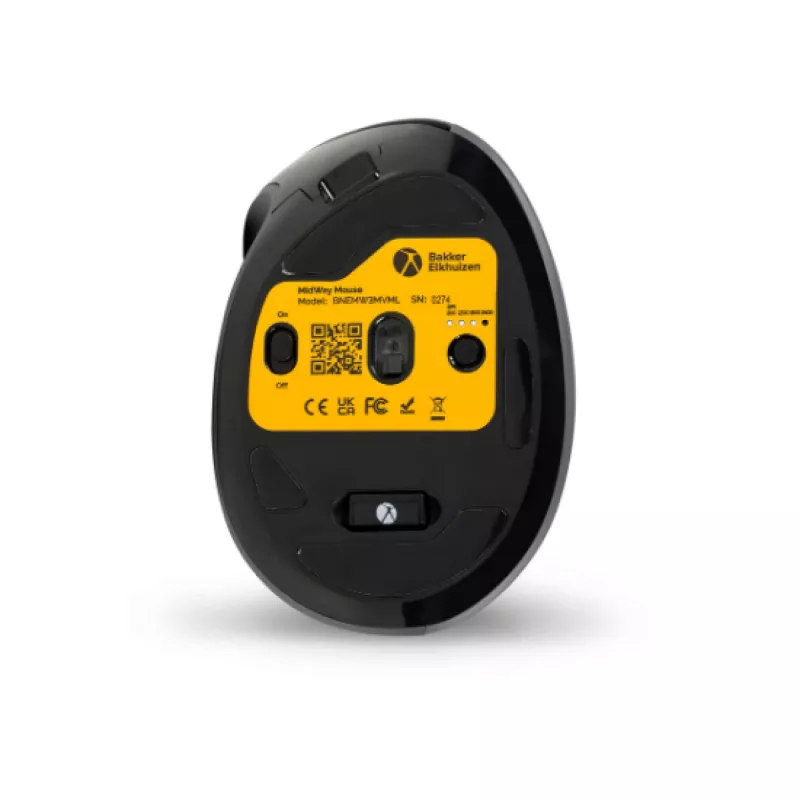 BakkerElkhuizen MidWay pelė Kairė, Kairiarankiams, Vertikalus dizainas, Optinė, RF belaidė + Bluetooth + USB Type-C, 2400 DPI, Pilka, Juoda
