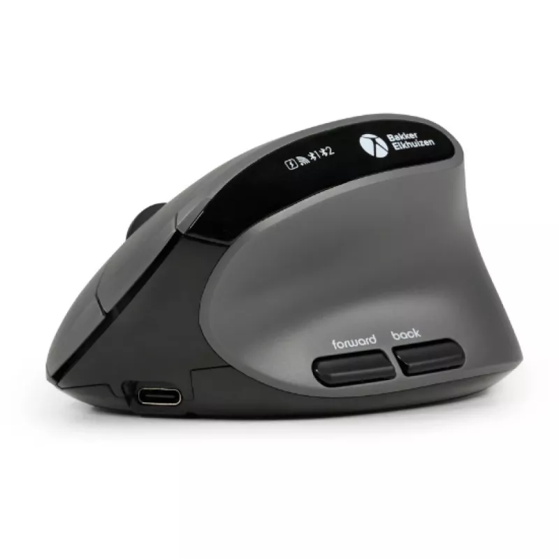 BakkerElkhuizen MidWay pelė Dešinė, Dešiniarankiams, Vertikalus dizainas, Optinė, RF belaidė + Bluetooth + USB Type-C, 2400 DPI, Pilka, Juoda