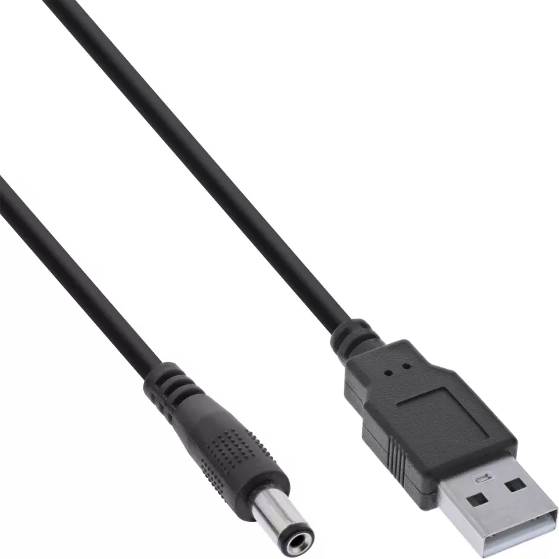InLine USB DC maitinimo adapterio kabelis, USB A kištukas į DC 5,5x2,10 mm lizdą, juodas, 1 m