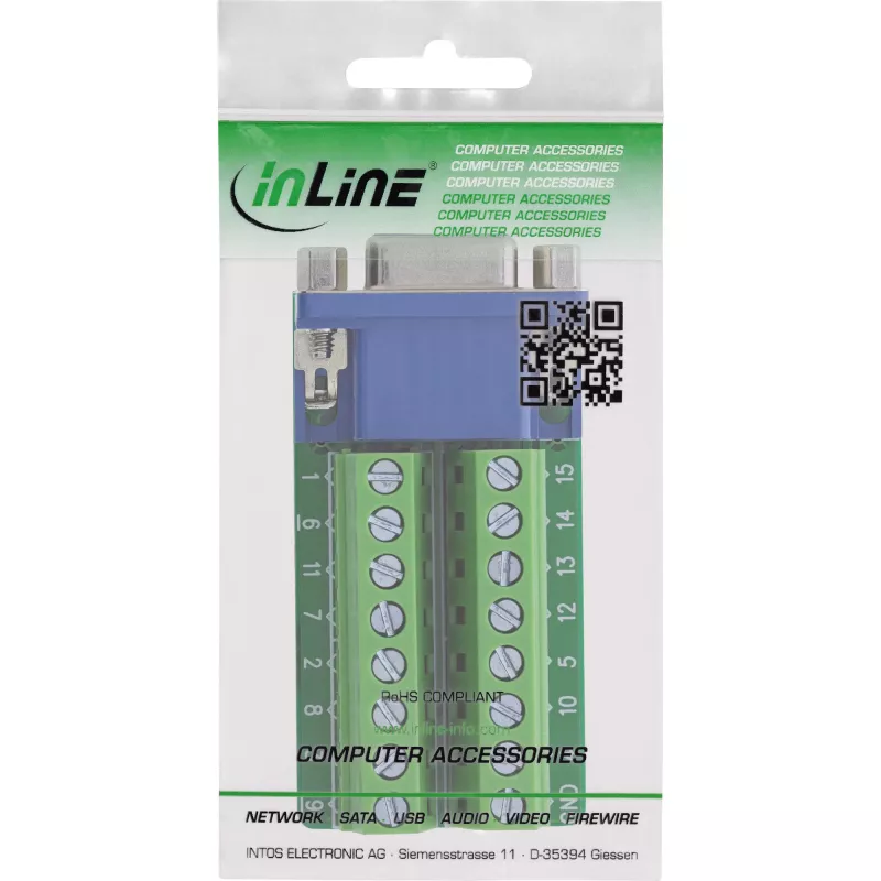 InLine 92503A laido jungtis Gnybtų blokas, VGA (HD15) Mėlyna, Žalia