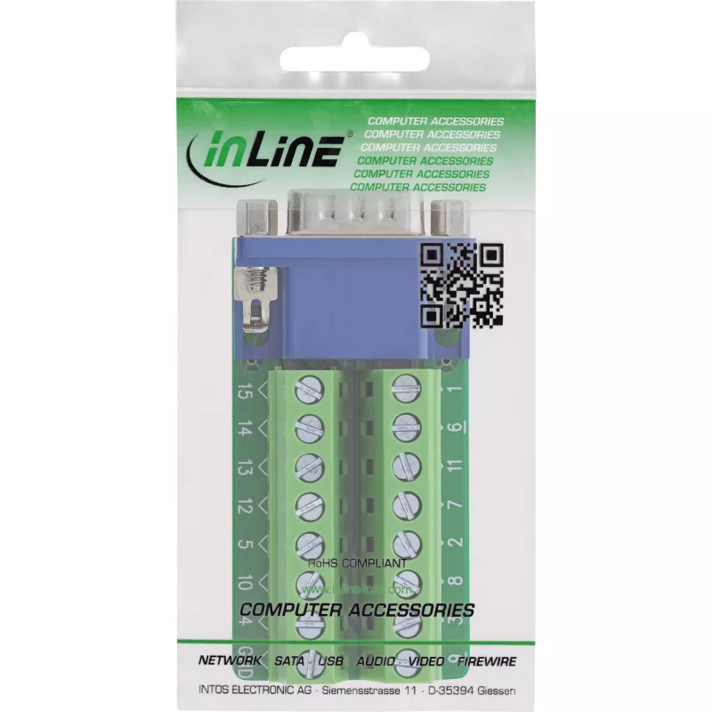 InLine 92503B laido jungtis Gnybtų blokas, VGA (HD15) Mėlyna, Žalia
