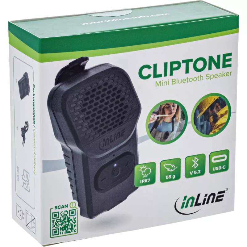 Mono nešiojama kolonėlė InLine 55383 — juoda, garsiakalbis 2,8 cm, Bluetooth 2,4 GHz (veikimo nuotolis 10 m)