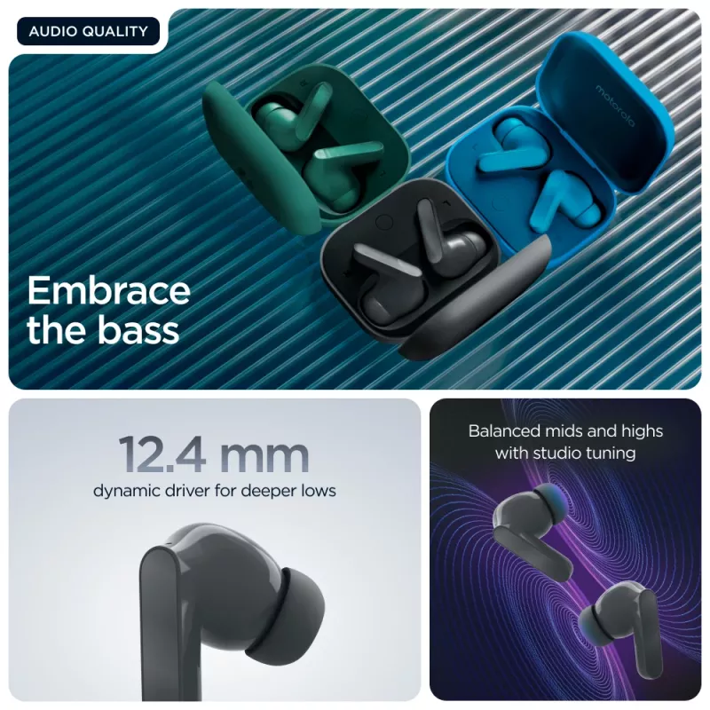 Ausinės MOTOROLA Moto Buds Bass TWS Bluetooth į ausis įdedamos skambučiams ir muzikai, juodos, 51 g